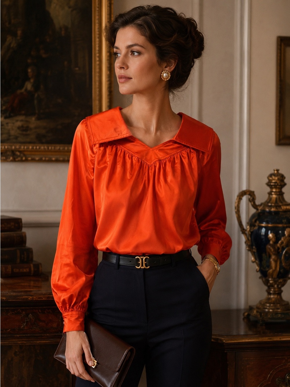 Victor Costa Occasion Vintage Satin Blouse NWT Orange Statement Collar M Fall